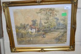 British School, 20th century, village scene, watercolour, 14x10ins, framed and gilt framed.