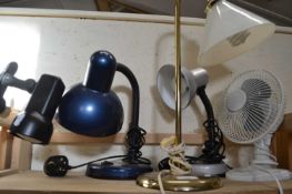 Three modern desk lamps, a clip on lamp and a fan (5)