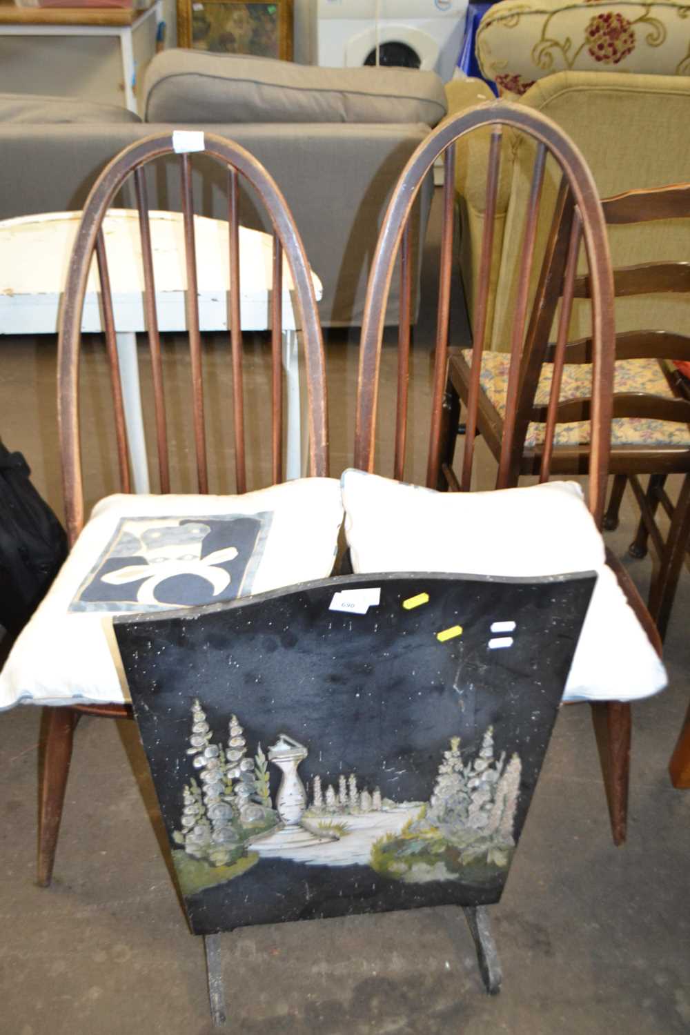 A fire screen together with two stick back kitchen chairs (3)