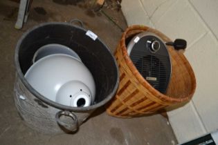 Mixed Lot: Wicker basket, fan, light fittings and other items