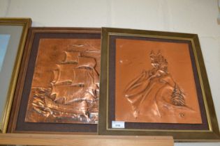 Two contemporary pressed copper pictures, galleon and a castle (2)