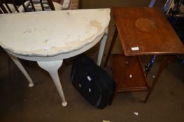 A cream painted hall table, a further two tier table and a black case (3)