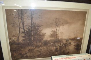 Monochrome print of a shepherd on a country lane