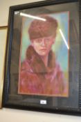 20th century portrait of a lady wearing a Ushanka and fur coat, oil on board,13x21ins, framed and