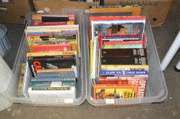 Two plastic boxes of mixed books