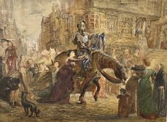 British School, 20th century, street procession scene (possibly Don Quixote), watercolour,