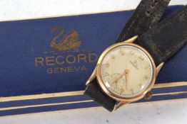 A 9ct gold Record gents wristwatch with box and guarantee, the watch case is stamped 375 on the