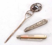Mixed Lot: An Art Nouveau silver and porcelain finial paper knife/book mark, the scroll decorated