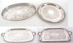 Two vintage silver plated twin handled trays, both with applied gadrooned and shell borders,