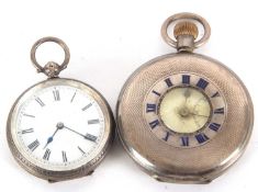 Two white metal pocket watches, one crown would half hunter, stamped 925 inside the case back and