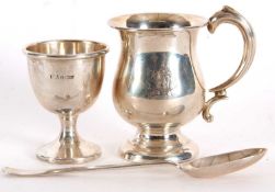 Mixed Lot: A small silver christening tankard of plain baluster form engraved with initials and