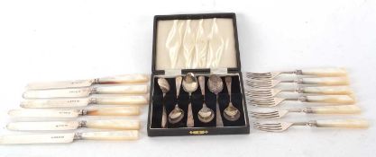 Six pairs of Victorian dessert eaters, having hallmarked silver blades and mother of pearl