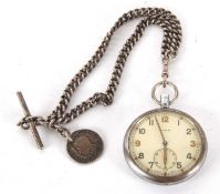 A military Cyma pocket watch with a silver albert chain, the pocket watch case back is stamped