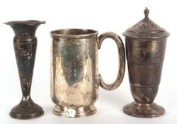 Mixed Lot: George VI silver pint mug of plain form with a hollow C scroll handle on a collet foot,