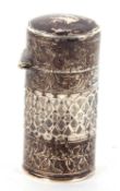 An Edwardian silver and glass scent bottle of cylindrical form with hinged lid, the body pierced