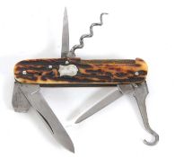 John Blyde "Genius" multi-bladed (6) pocket knife applied with shield shaped cartouche and stag horn