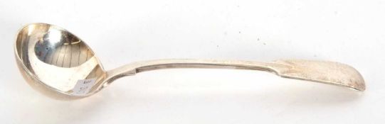A Victorian silver fiddle pattern ladle of plain design with shaped oval bowl, hallmarked for London