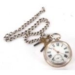 A silver pocket watch with silver pocket watch chain, the pocket watch is hallmarked inside the case