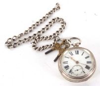 A silver pocket watch with silver pocket watch chain, the pocket watch is hallmarked inside the case