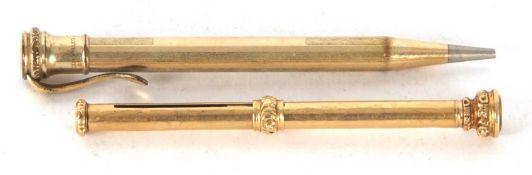 S Mordan & Co yellow metal case retractable pencil of telescopic design having a screw off citrine