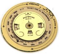 A Nauticalia brass pocket weather forecaster, the readings are acid-etched and picked out in black