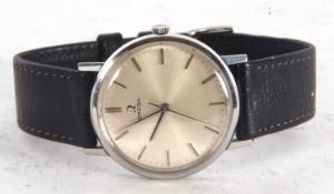An Omega stainless steel gents wristwatch, the watch has a manually crown wound movement, it has a
