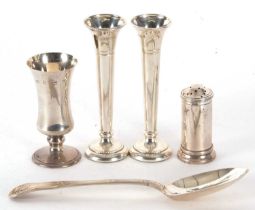 Mixed Lot: A pair of small hallmarked silver trumpet vases of plain form with beaded detail on