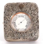 An Edwardian silver framed and leather Goliath pocket watch holder with pieced decoration having sea