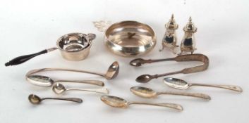 Mixed Lot: A poringer marked "Lullaby" sterling, a pair of early small peppers hallmarked for