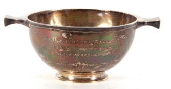 A Scottish silver quaich of typical form, the body with presentation inscription, the bowl