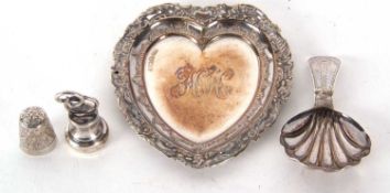 Mixed Lot Late Victorian heart shaped silver pin tray, initialled Sheffield 1894, makers mark Lee