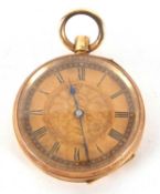 A yellow metal pocket watch stamped 18k inside the case back, it has a crown wound movement, the