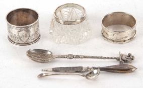 Mixed Lot: Two hallmarked silver serviette rings, a glass salt with hallmarked silver rim, Old