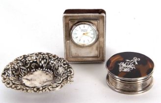 Mixed Lot: A George V silver picquet tortoiseshell pill box, the pull off lid inlaid with ribbon