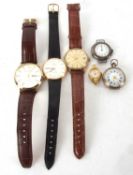 Mixed Lot: Four wristwatches and a white metal fob watch, makes of the wristwatches include Oris,