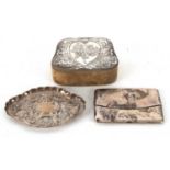 Mixed Lot: Edwardian silver lidded ring box, elaborately embossed with heart and floral design,