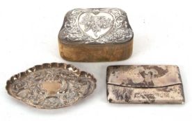 Mixed Lot: Edwardian silver lidded ring box, elaborately embossed with heart and floral design,