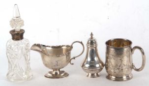 Mixed Lot: A George V silver christening mug, chased and engraved detail around a band of