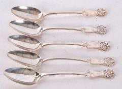 Five antique Scottish silver Kings pattern teaspoons, initialled, the verso of the bowls engraved "