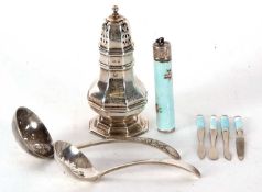 Mixed Lot: George V small octagonal silver caster, hallmarked for Birmingham 1922, 9.5cm tall, a