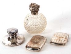 Mixed Lot: Two hallmarked silver cigarette cases (both a/f), 116gms, a small silver capstan ink well