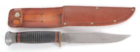 A George Wostenholm, Sheffield "Nimrod" hunting knife, leather grip and sheath, 22.5cm long