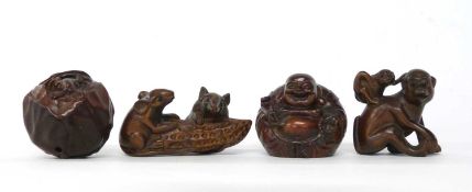 4 Netsuke carved animal figures, modelled as a Buddha, a monkey with young, rats and a mouse