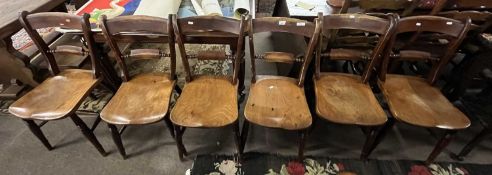 A set of six Victorian elm seated kitchen chairs with bar backs, 82cm high