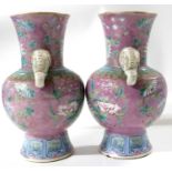 Pair of Chinese porcelain vases, the pink ground with enamel decoration of birds and flowers, the