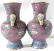 Pair of Chinese porcelain vases, the pink ground with enamel decoration of birds and flowers, the