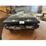 Late 19th Century mother of pearl inlaid and ebonised sewing box with assorted contents, 29cm wide