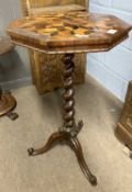 A Victorian mixed rosewood and other tropical hard and burr woods decorated octagonal top table