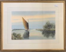 Adrian Winicup (British, contemporary), Wherry on the Broads, watercolour, signed, 30x47cm, framed