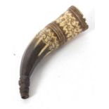 An early 19th Century scrimshaw decorated powder horn, inscribed "Falco Lombard", decorated all over